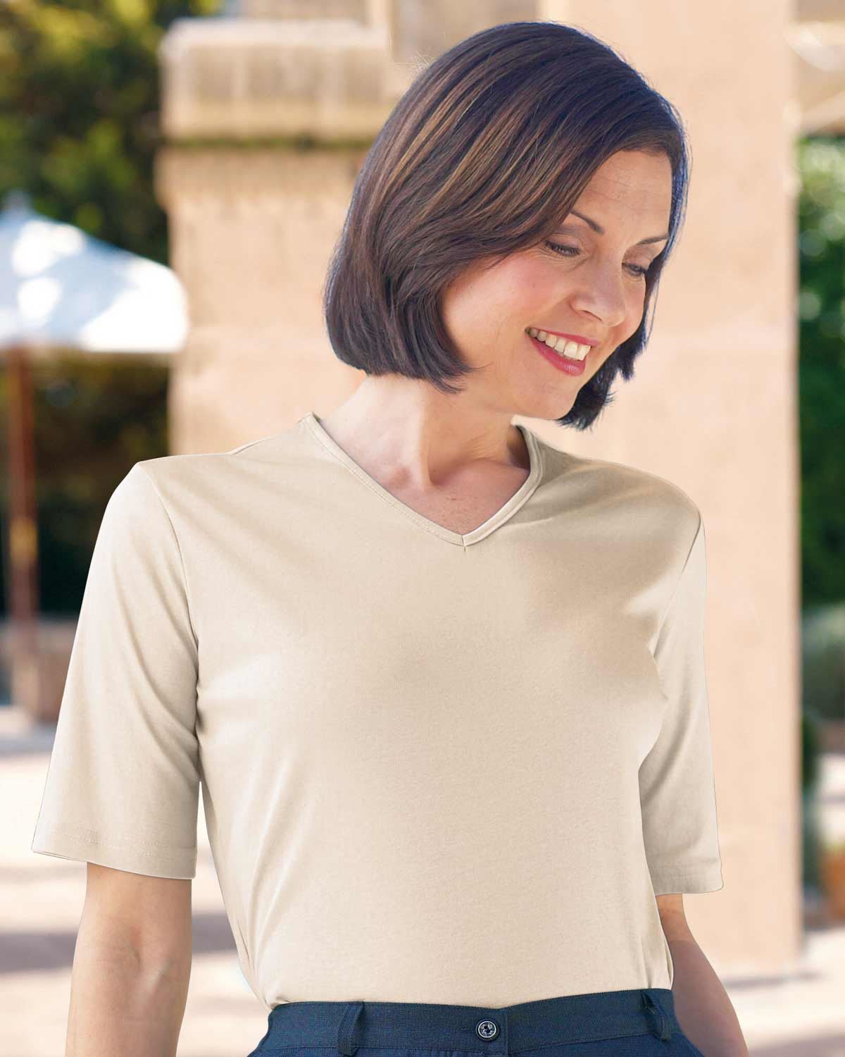 Silky Cotton V Neck Top - Champagne